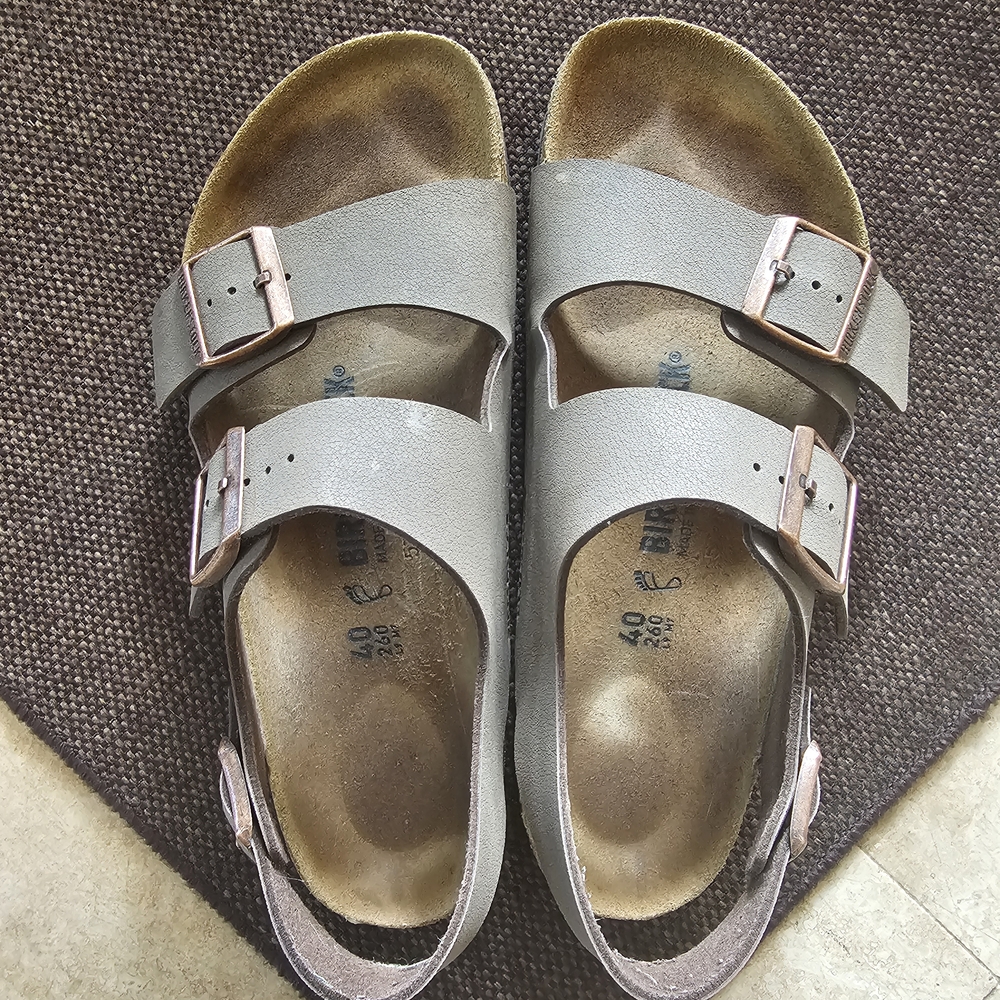 Birkenstock Milano Sandals with Rose Gold Buckles, Size 40